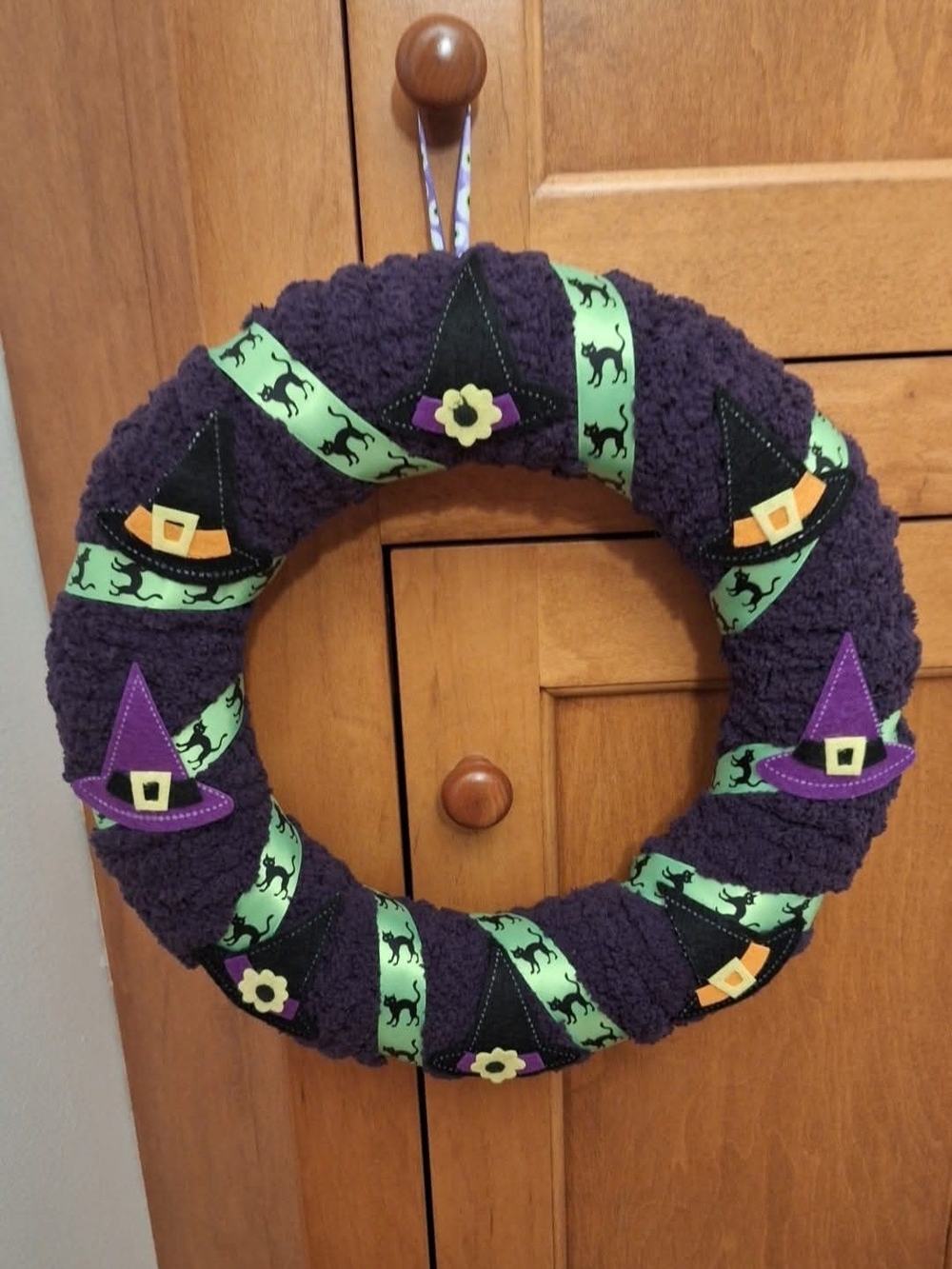 Handmade Purple Halloween Wreath with Witch Hat Accents